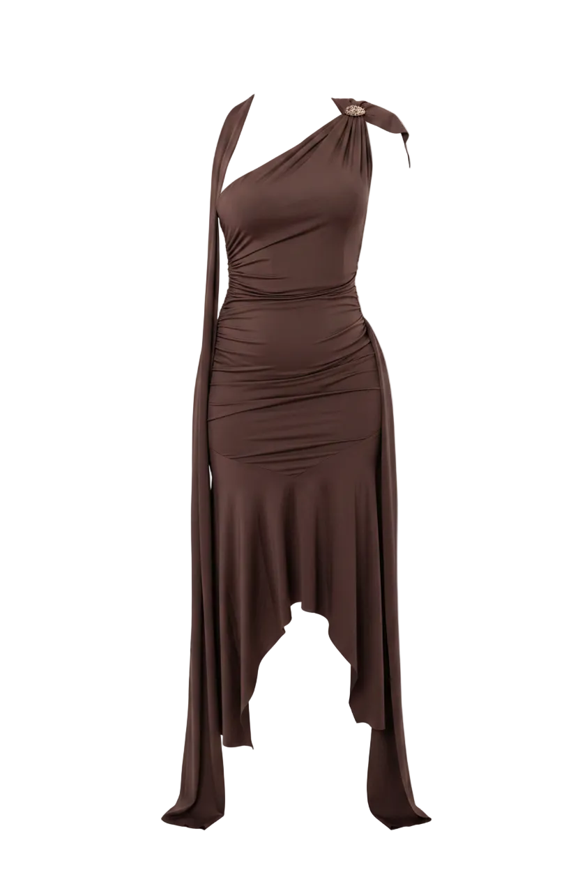 Saraya - Low Back Ruched Dress in Rich Coffee Brown